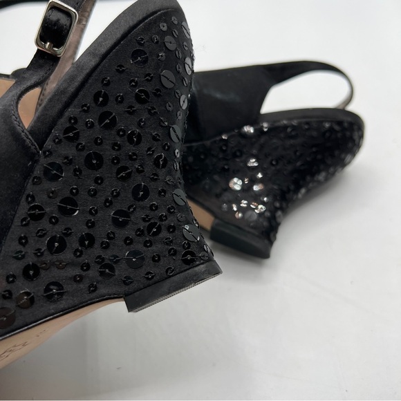 Steve Madden Shimer Black Slingback Buckle Sequin Peep Round Toe Wedge Heels - Picture 5 of 10